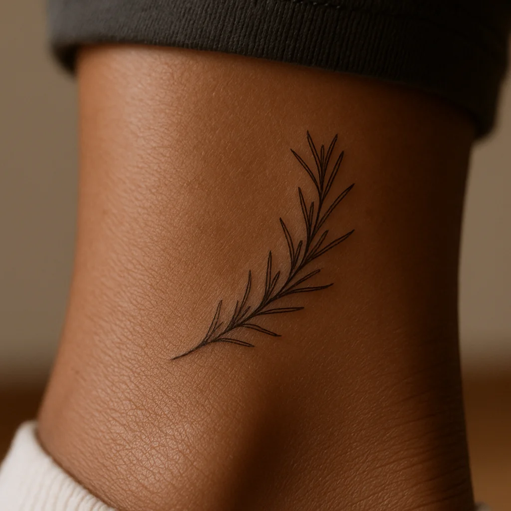 Fine-line rosemary sprig tattoo about four centimetres tall on the ankle