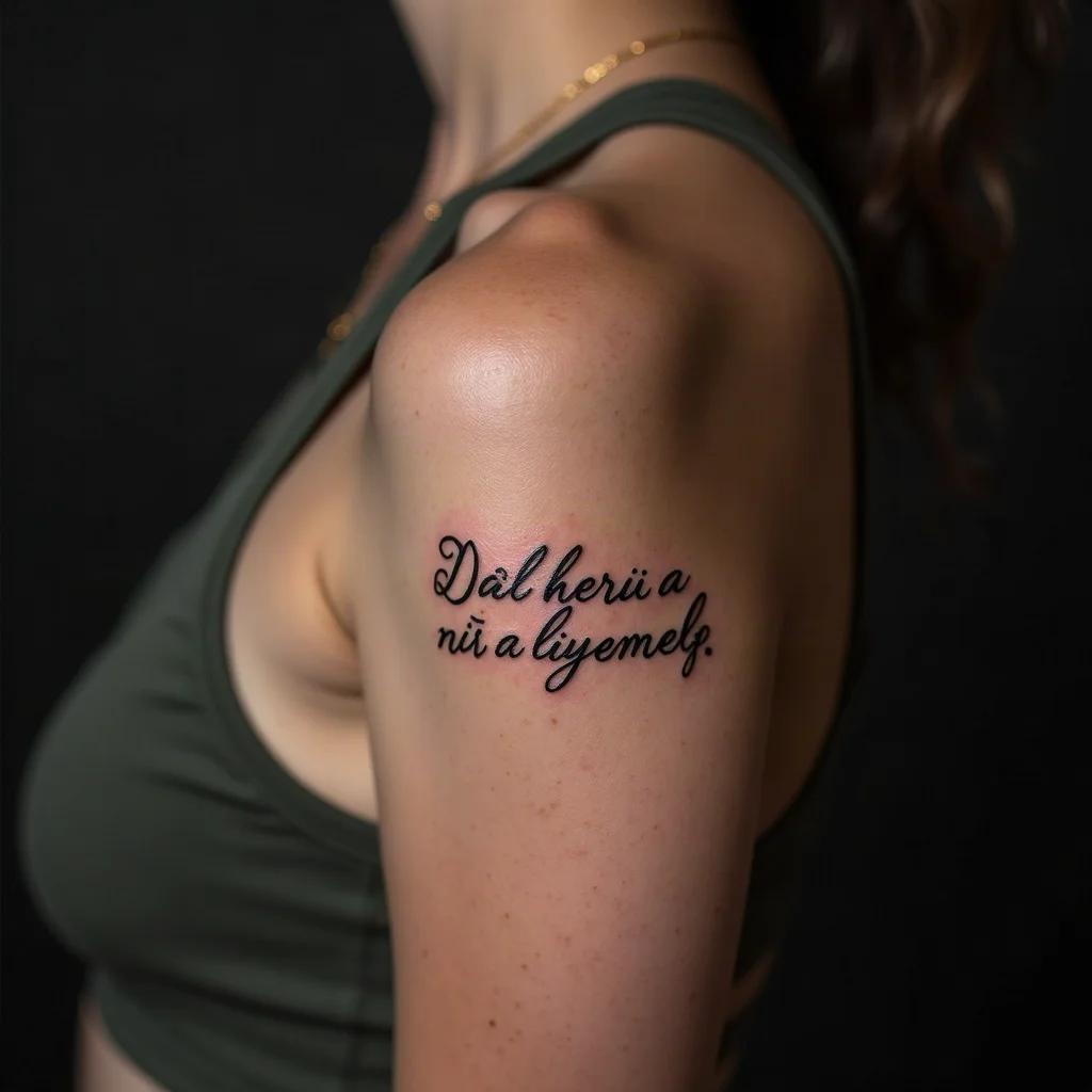 Fine-line script lyric tattoo on a mother's inner bicep, completed by her son's half