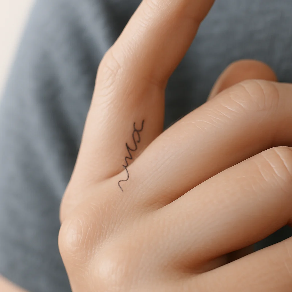 Fine-line script nickname tattooed along the side of a finger