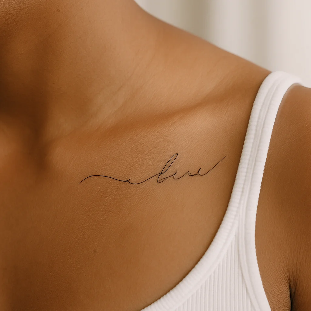 Fine-line script phrase in flowing lowercase lettering tattooed along the collarbone