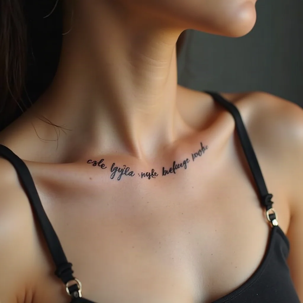 Fine-line script phrase tattoo along a sister's collarbone, one third of a split sentence
