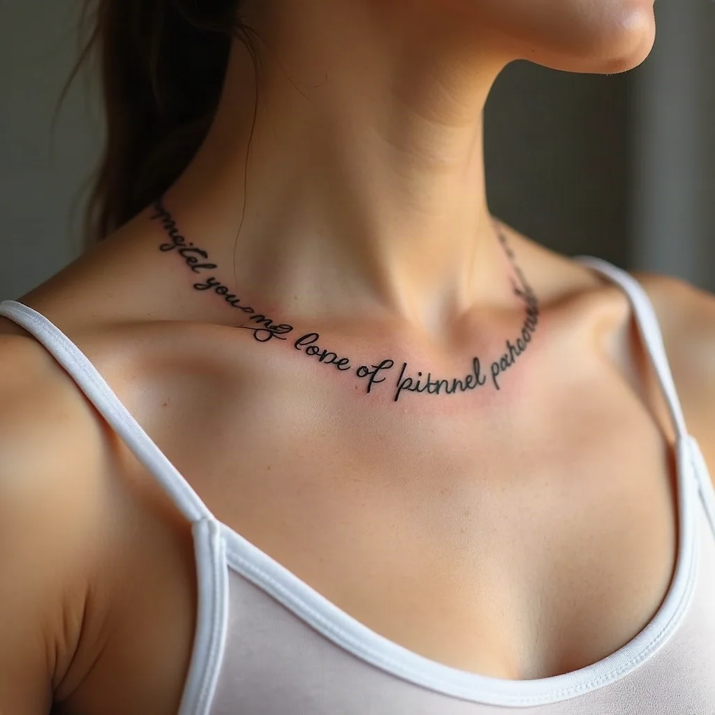 Fine-line script tattoo along a collarbone during the tight, dry stage of healing