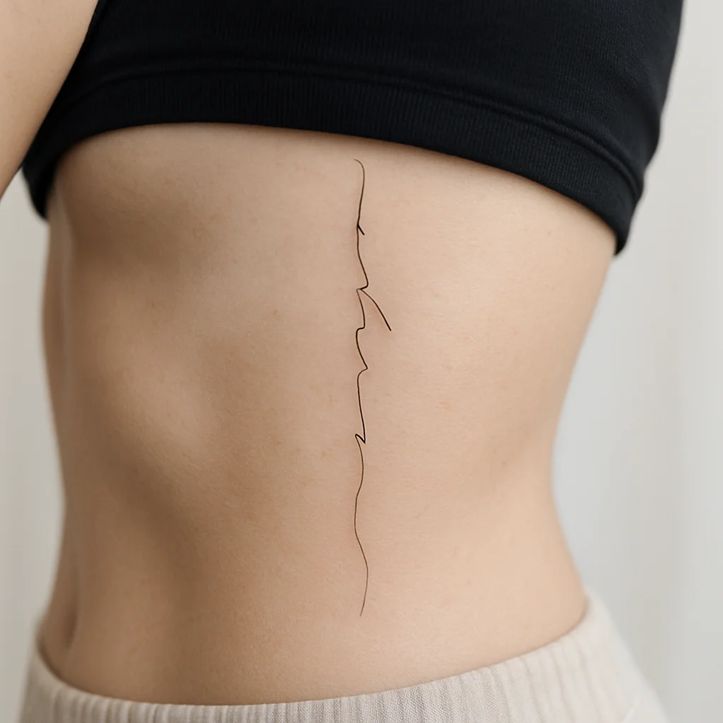 Fine-line script tattoo along the ribcage lightly re-wrapped before getting dressed