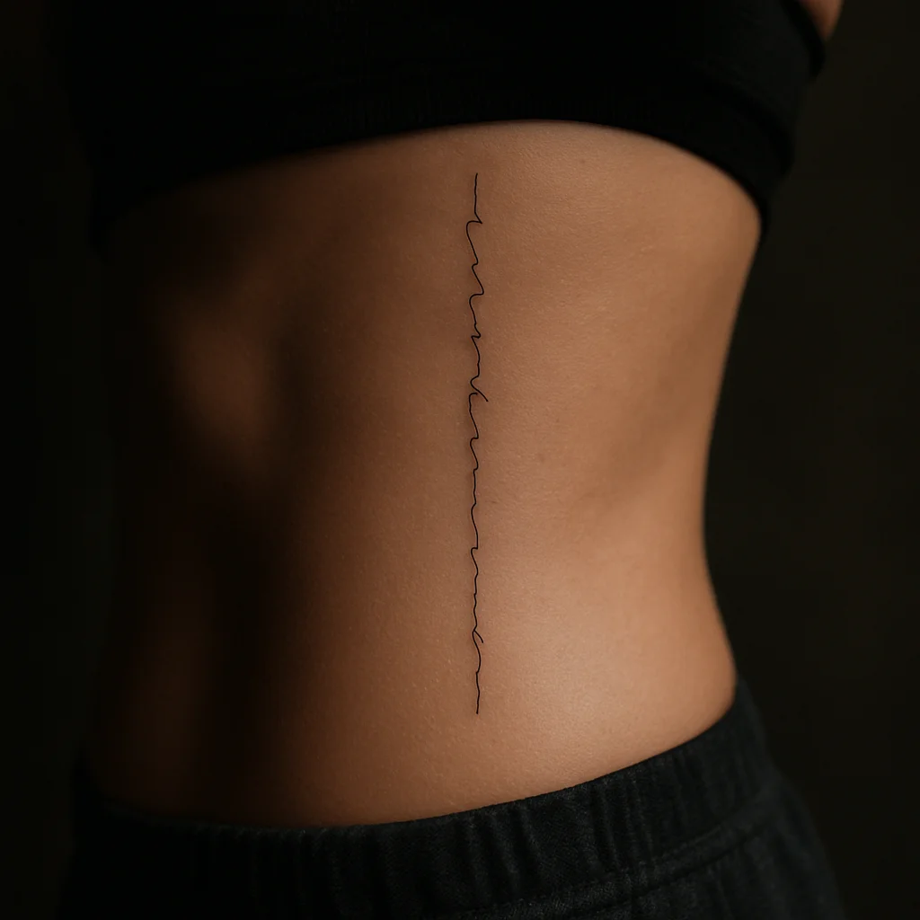 Fine-line script tattoo running down the side of the ribcage