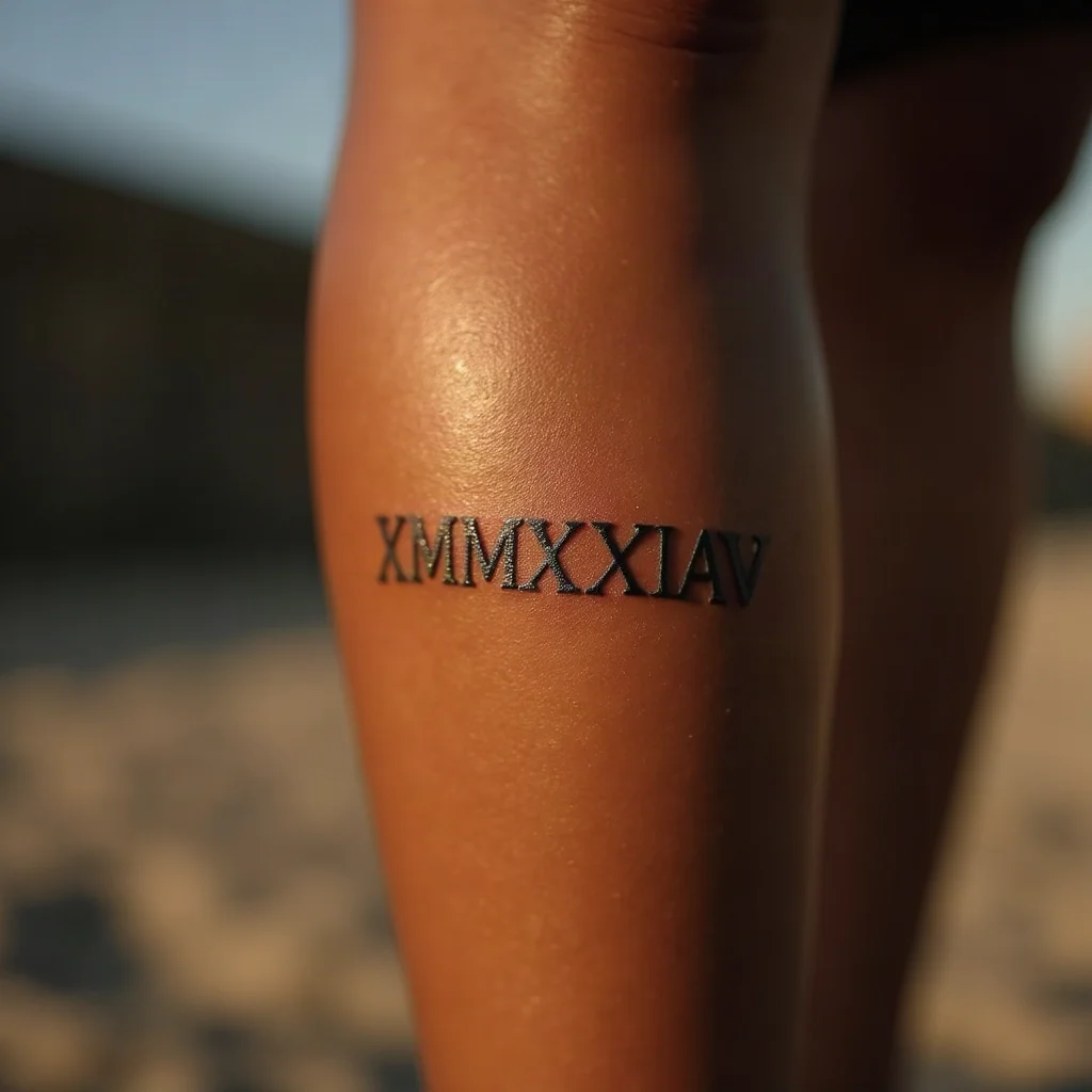 Fine-line serif Roman numeral date with wide letter spacing tattooed down the calf