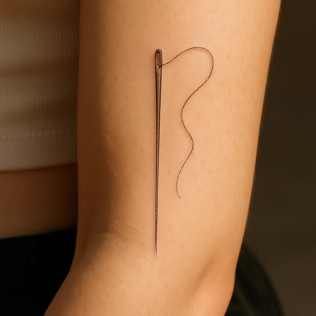 Fine-line sewing needle tattoo on the inner forearm as part of a needle and thread couple set