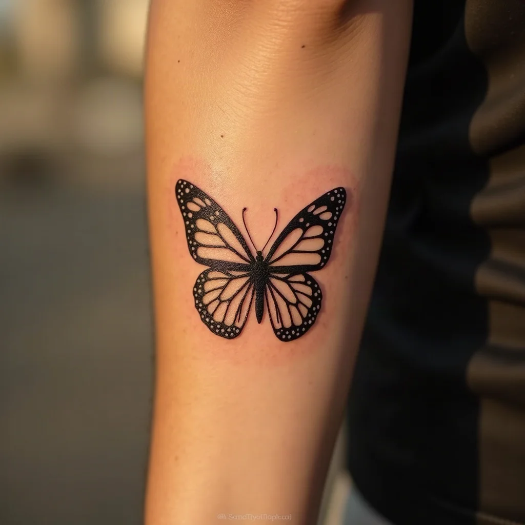 Fine-line side-profile butterfly with folded wings on the side of the wrist