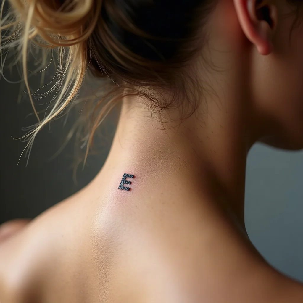 Fine-line single initial tattoo at the nape of a woman's neck