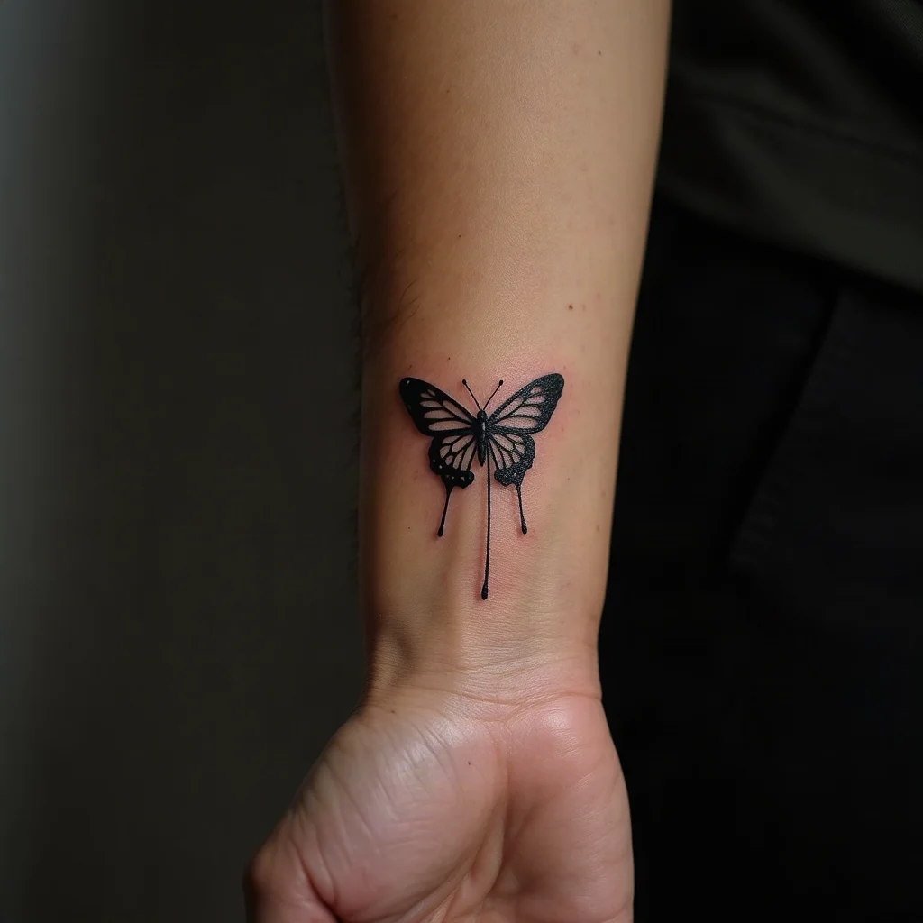 Fine-line single-needle swallowtail butterfly with trailing tails tattooed on the inner wrist