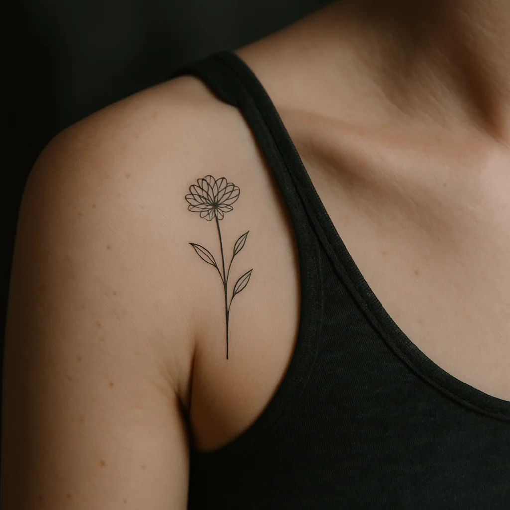 Fine-line single-stem birth flower tattoo on the shoulder in hairline weight