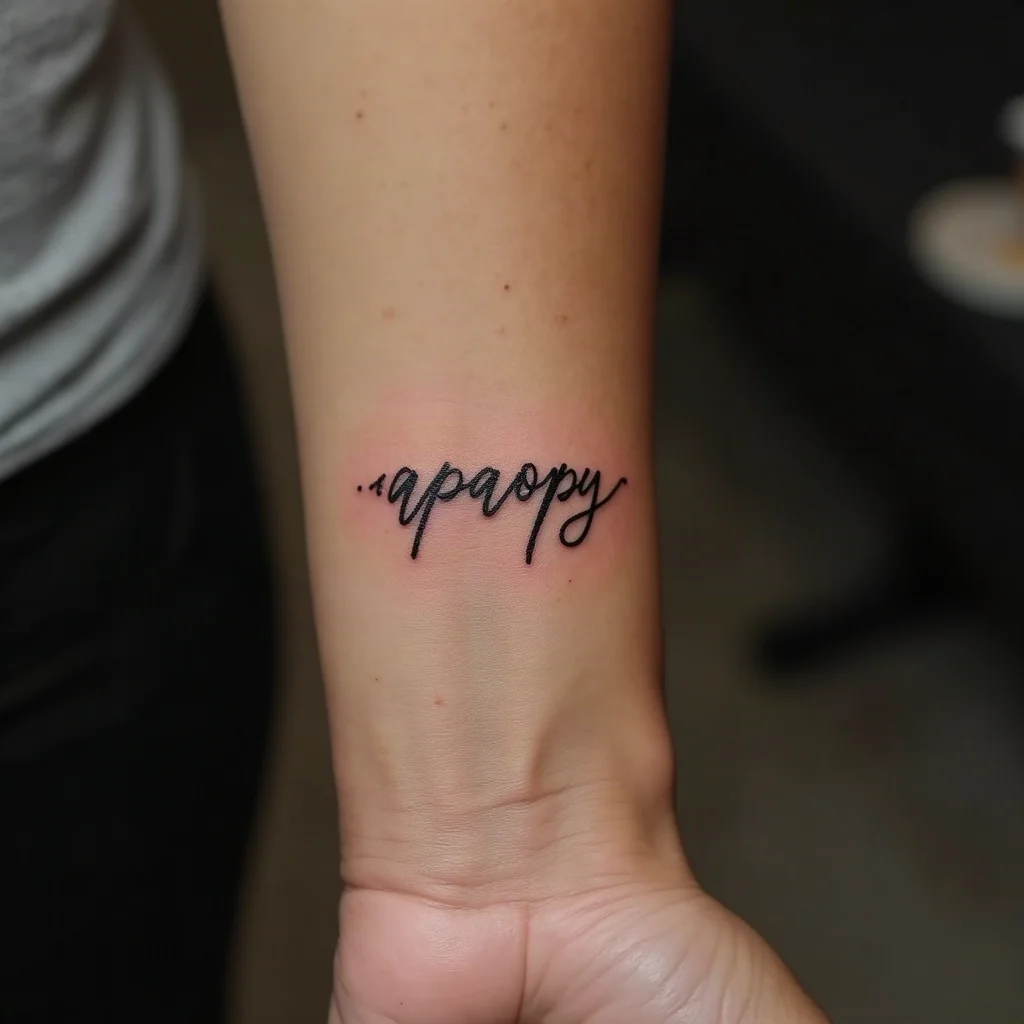 Fine-line single-word tattoo in a family's native script on a son's inner wrist