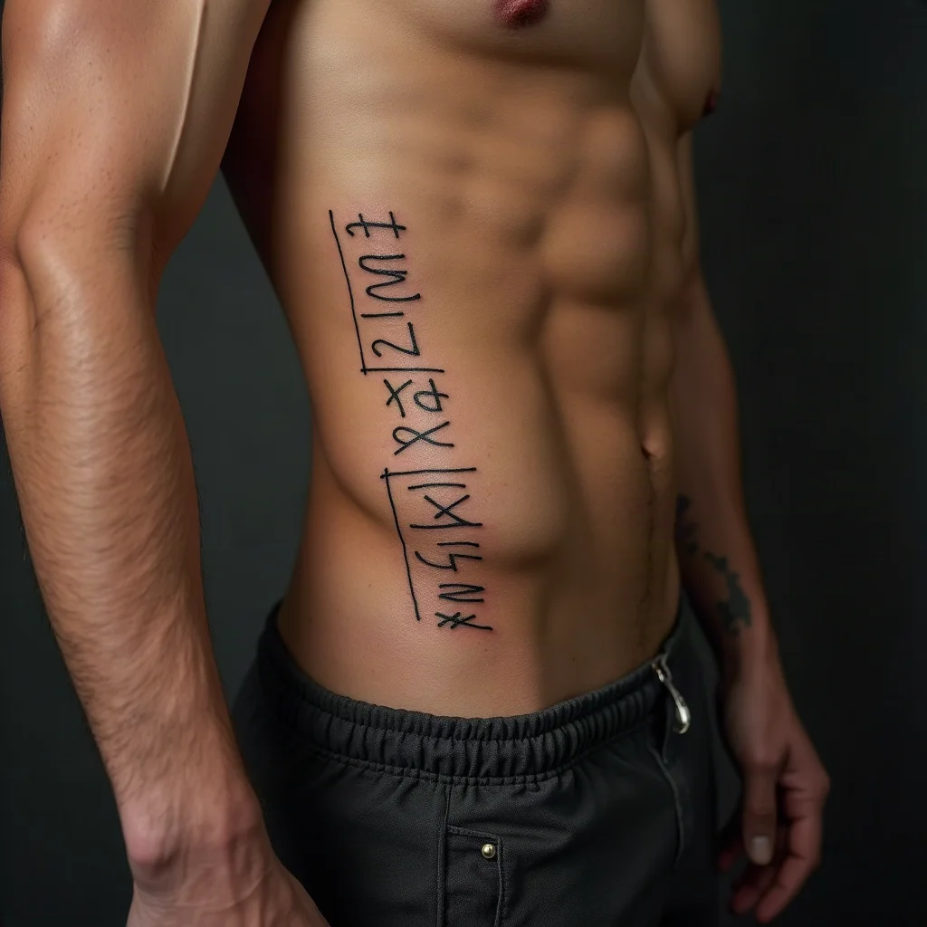 Fine-line stacked Roman numeral dates running down the side of the ribcage