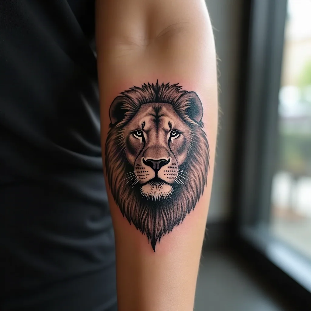 Fine-line stippled lioness tattoo on a mother's inner forearm, paired with her son's cub