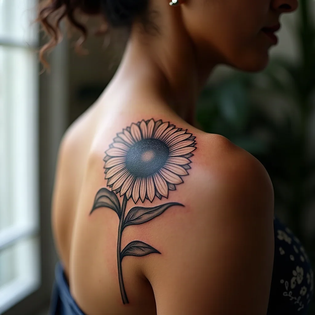 Fine-line sunflower tattoo on a mother's shoulder, matched by her son's single sunflower seed