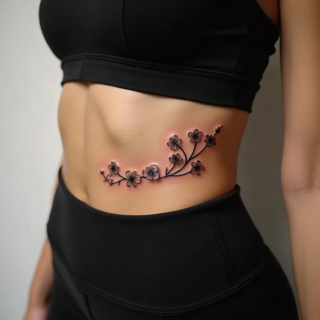 Fine-line sweet pea vine curving along the underbust and ribcage