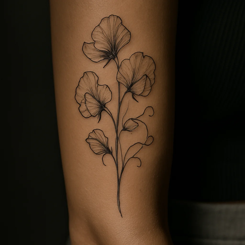 Fine-line sweet pea vine with curling tendrils running up the inner forearm