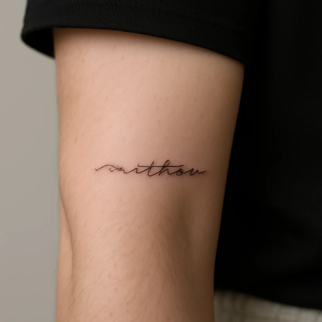 Fine-line tattoo of a short phrase in a father's real handwriting on an inner forearm