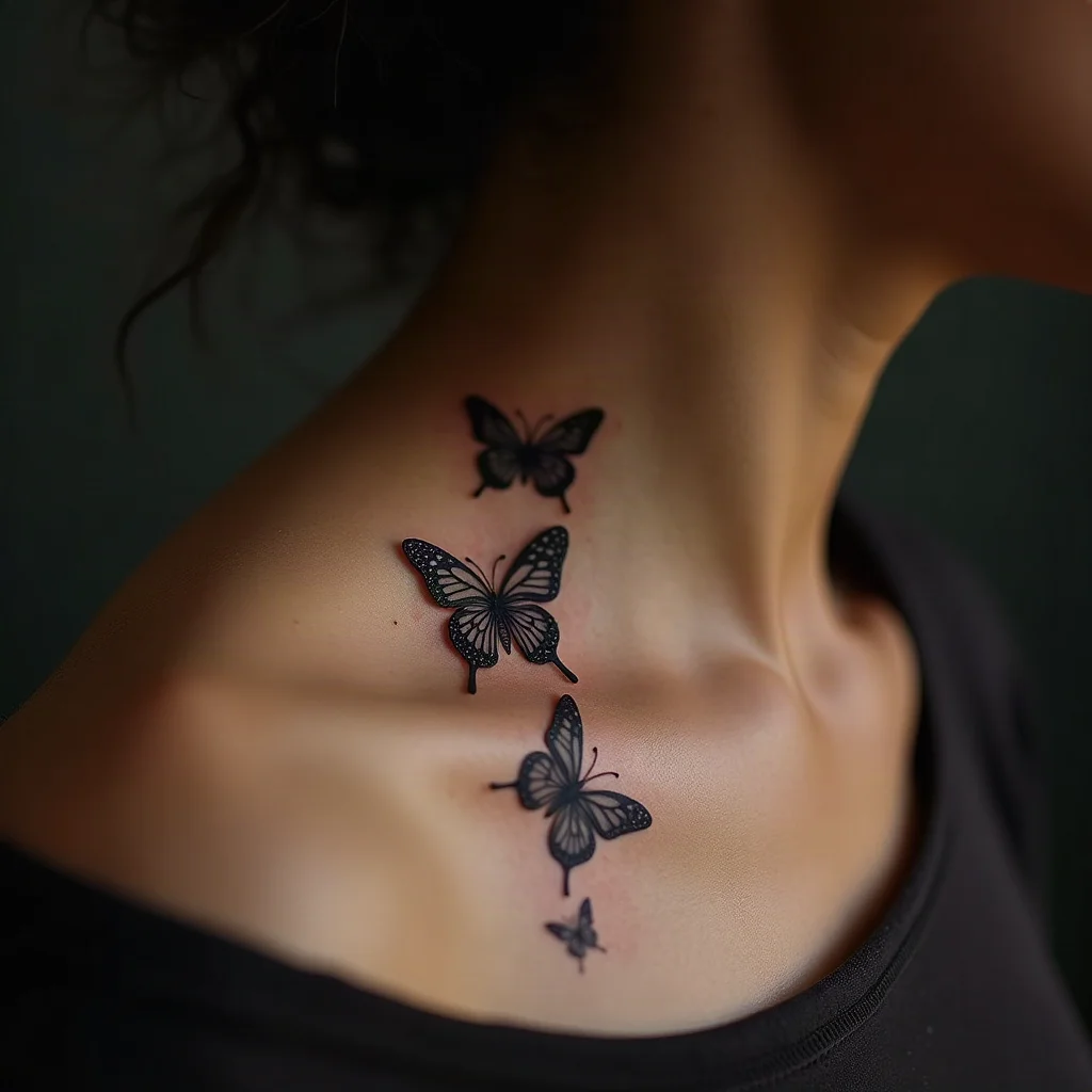 Fine-line trio of butterflies in graduated sizes rising along the collarbone