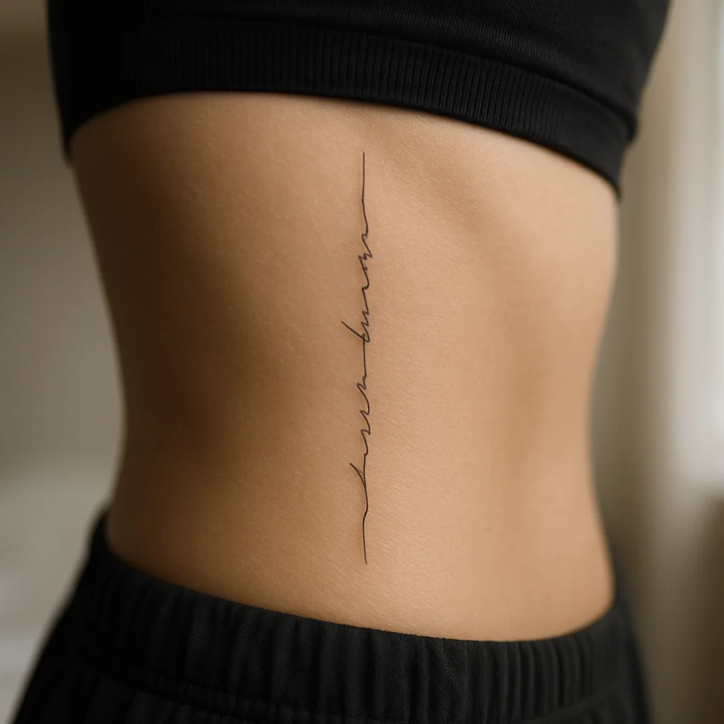 Fine-line vertical script tattoo running down the side of the ribcage