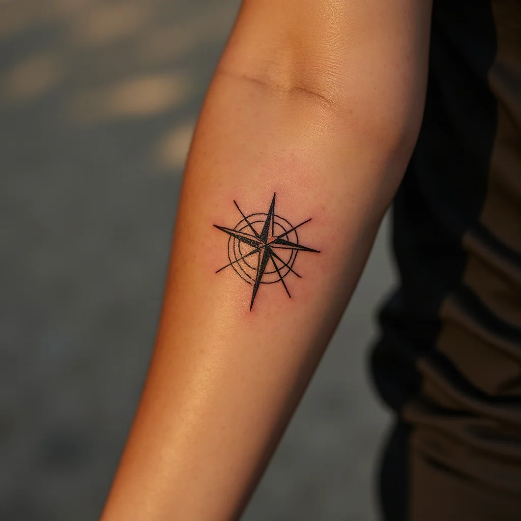 Fine-line wave curling around a small compass rose tattooed on the inner forearm