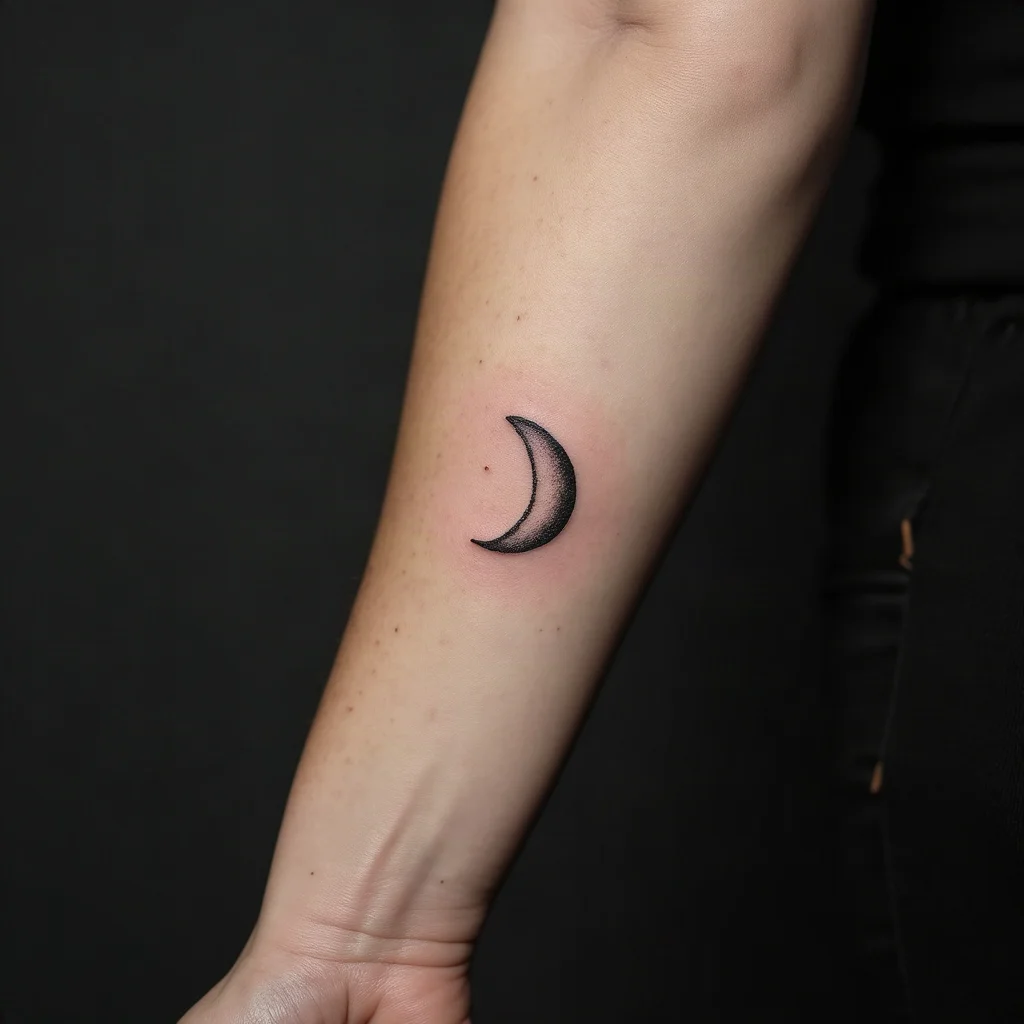 Fine-line waxing crescent moon tattoo on a sister's inner forearm, part of a three-phase set