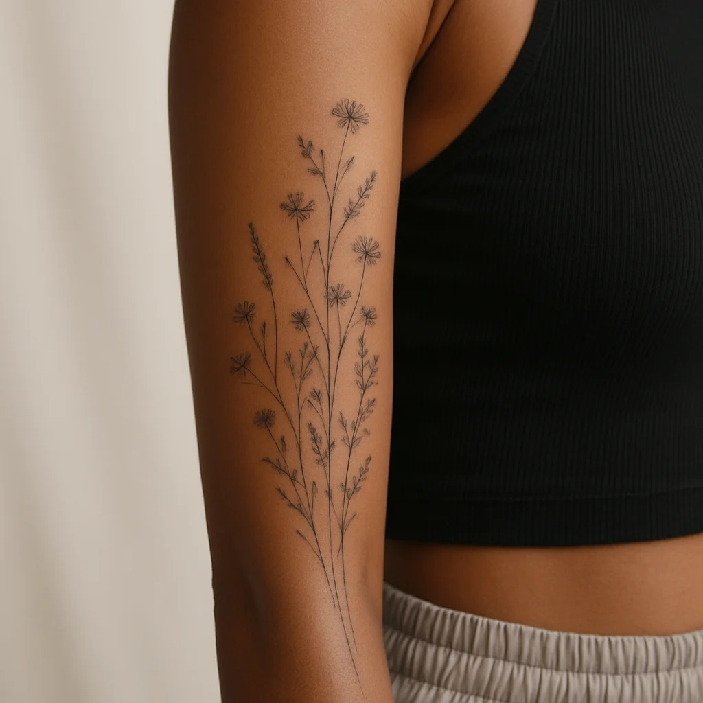 Fine-line wildflower meadow sleeve rising from wrist to shoulder on a woman's arm