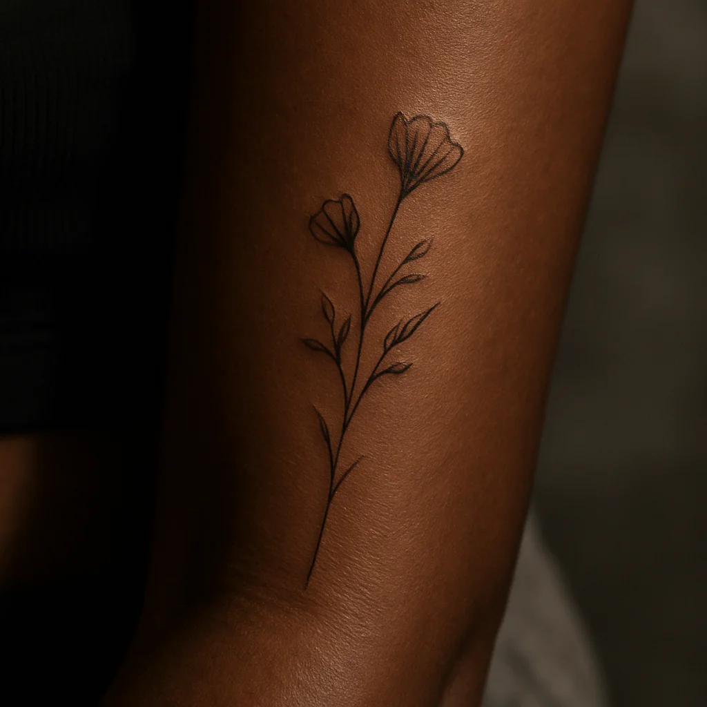 Fine-line wildflower sprig tattoo with two open buds on the inner forearm