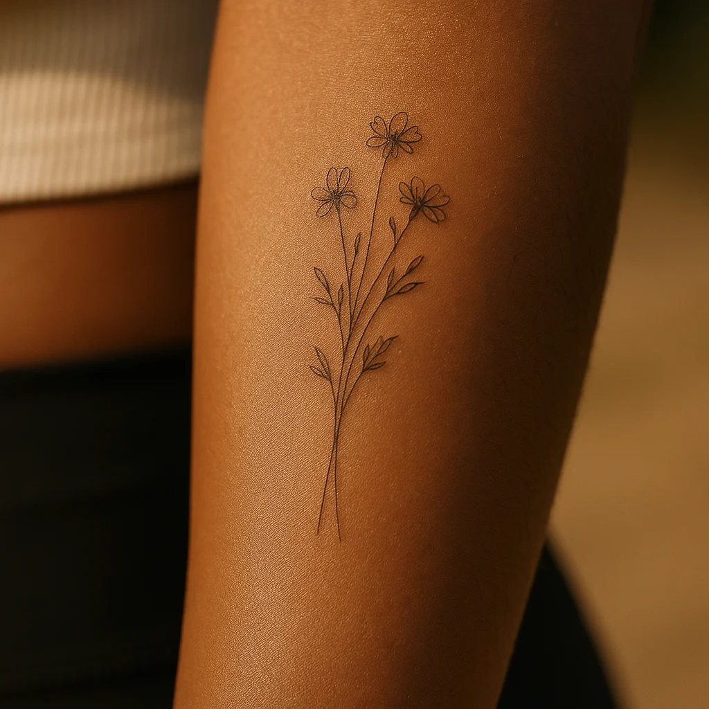 Fine-line wildflower sprig with slender stems healing on the inner forearm