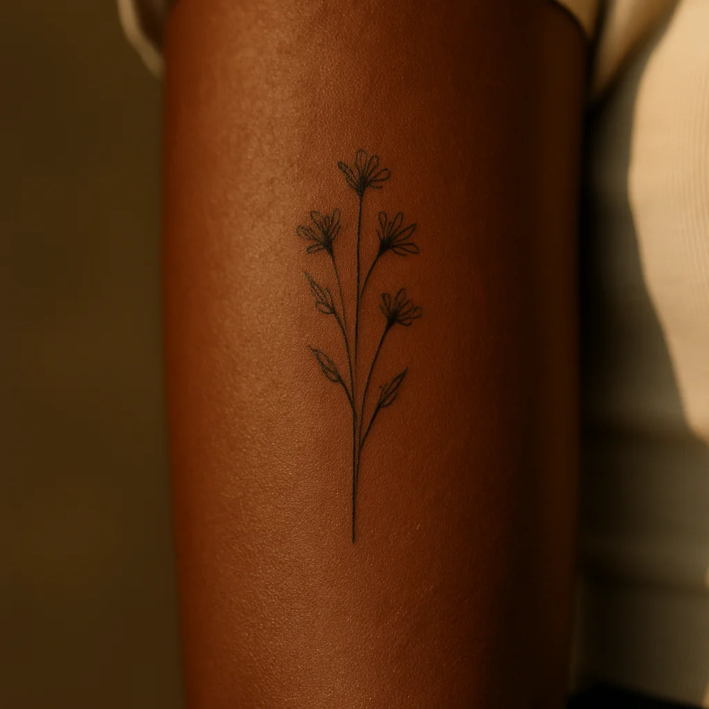 Fine-line wildflower sprig with three slender stems tattooed along the inner forearm