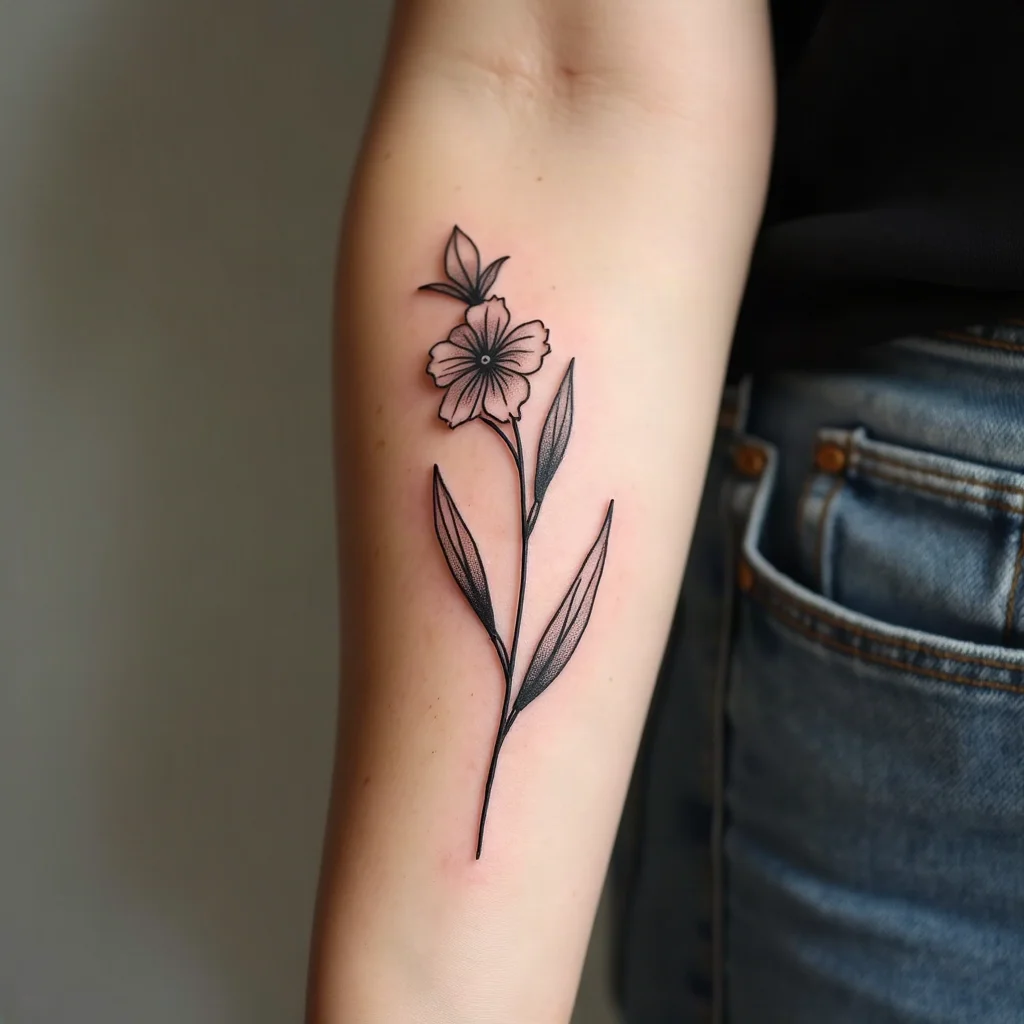 Fine-line wildflower tattoo healing on an inner forearm with a thin matte layer of moisturizer