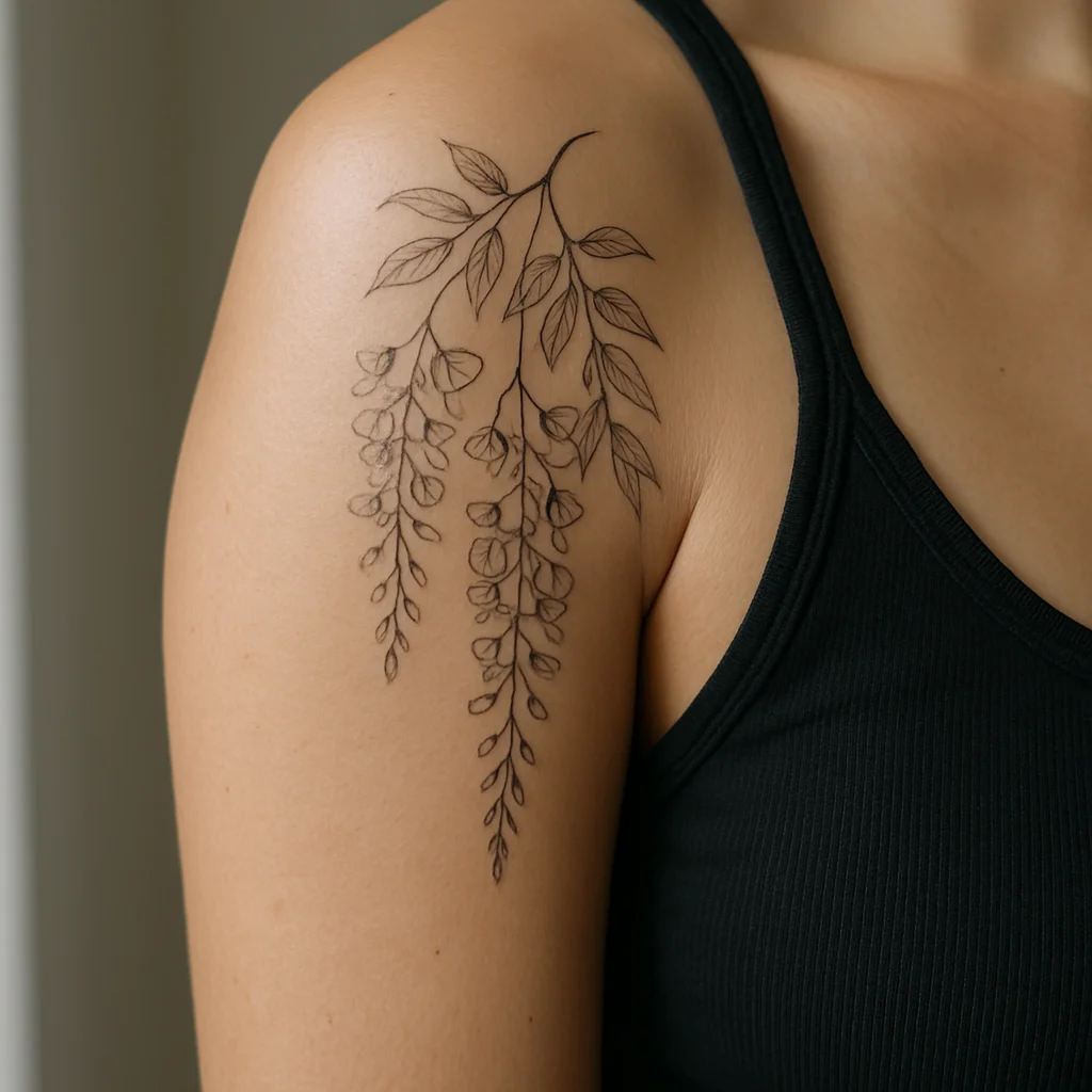 Fine-line wisteria tattoo draping from the shoulder cap down the outer arm