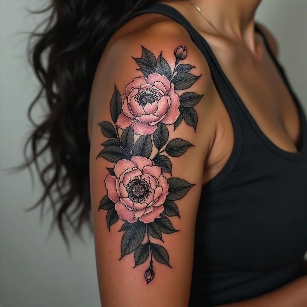 Floral half sleeve tattoo on an upper arm showing the glossy bumpy look of over-moisturized healing