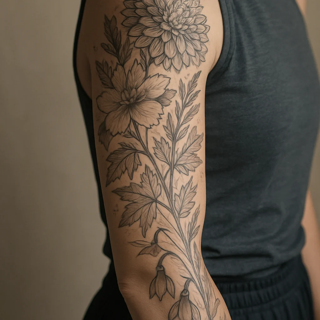 Four-season floral sleeve with snowdrops, tulips, roses and chrysanthemums up the arm