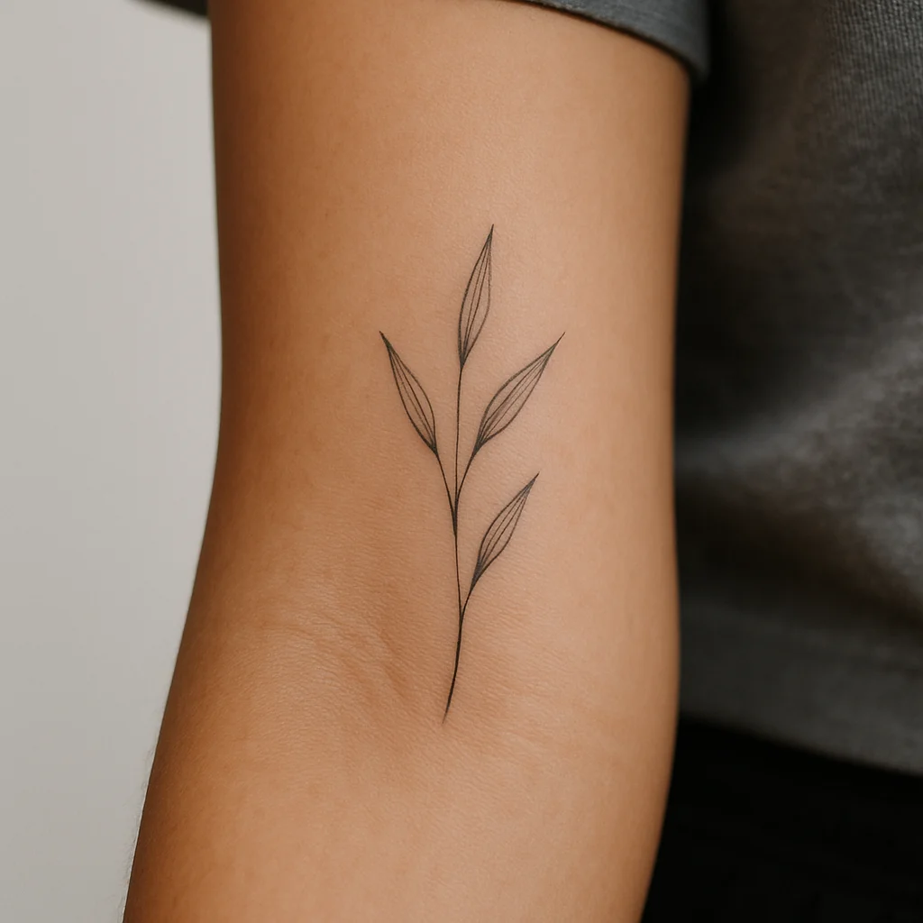 Fresh fine-line botanical sprig tattoo on the inner forearm, delicate leaves in single-needle linework