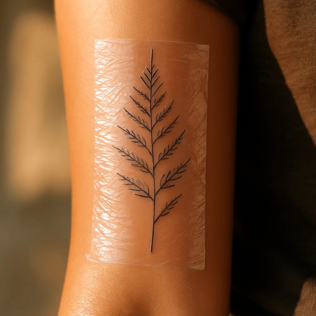 Fresh fine-line fern tattoo on an inner forearm sealed under clear cling film on day one