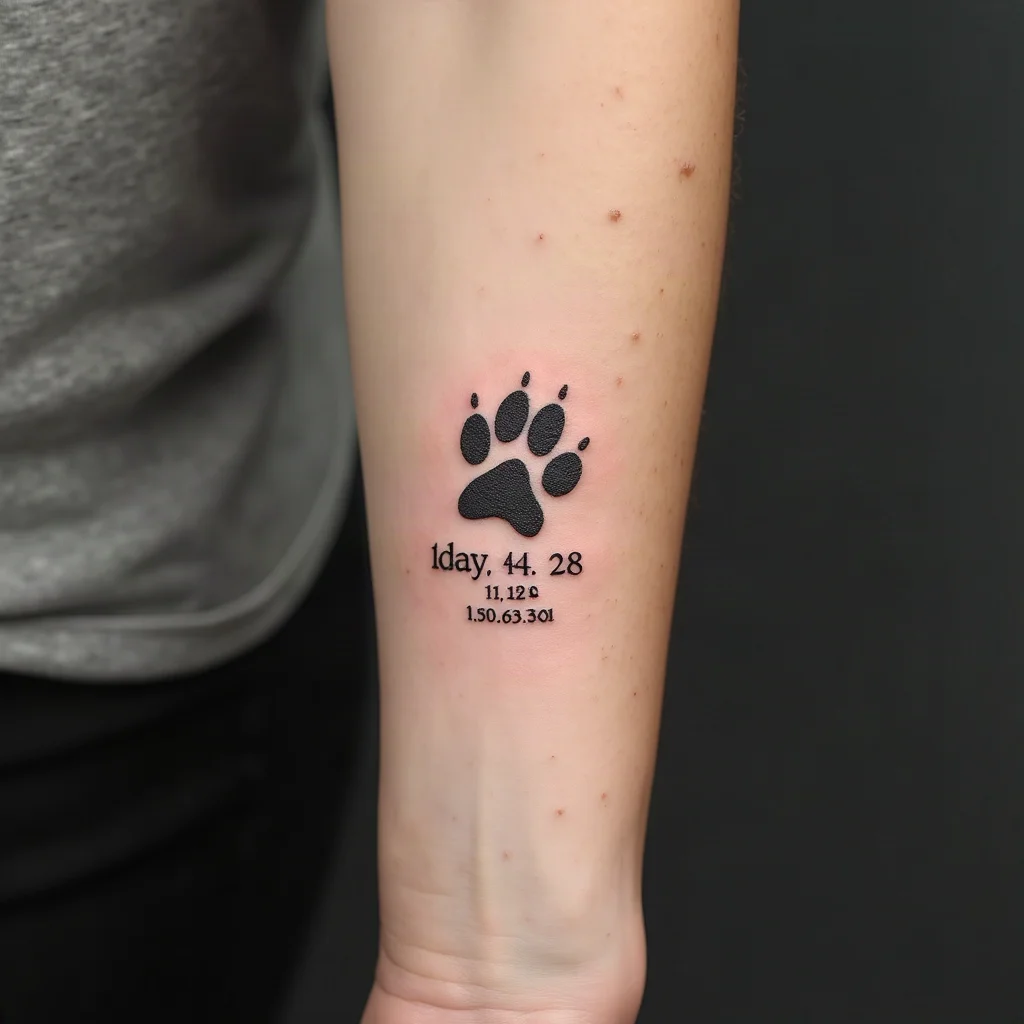 Fresh paw print tattoo with pet name and dates in fine-line style on an inner forearm