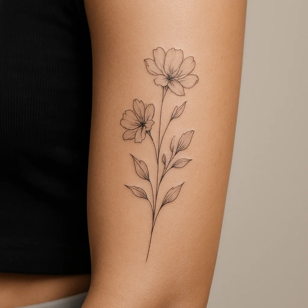 Freshly washed fine-line floral tattoo on an inner forearm with clean matte skin after unwrapping