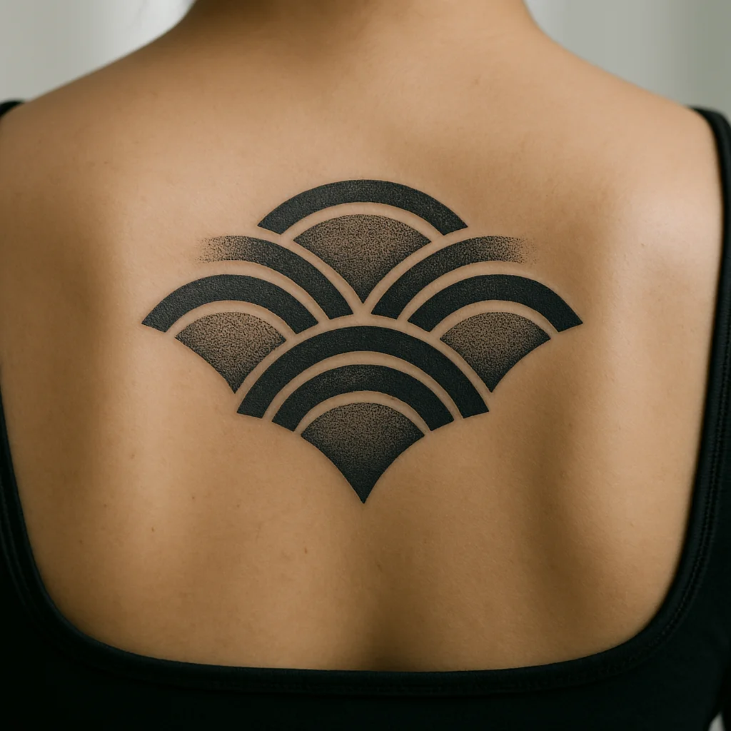 Geometric arcs and dotwork ornamental spread tattooed across the upper back below the traps