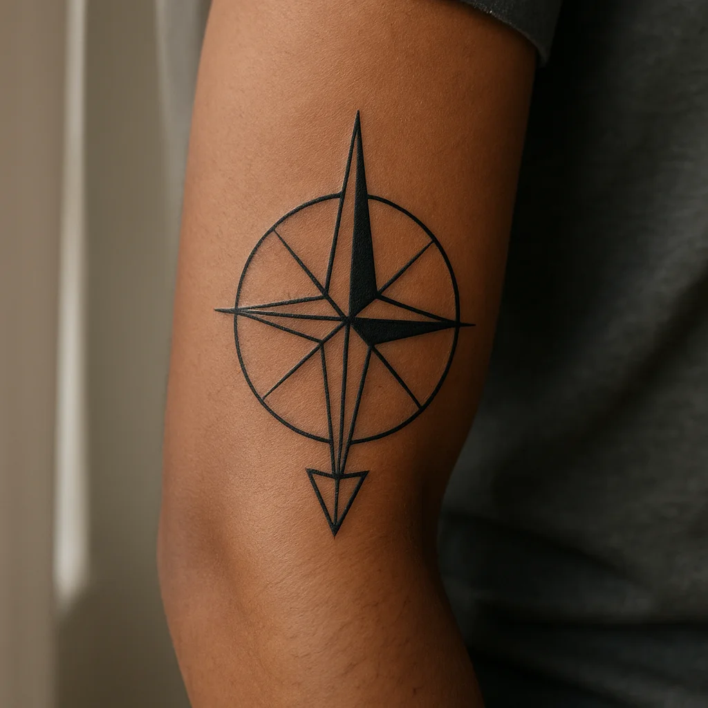 Geometric compass needle tattoo with solid north half on the outer forearm