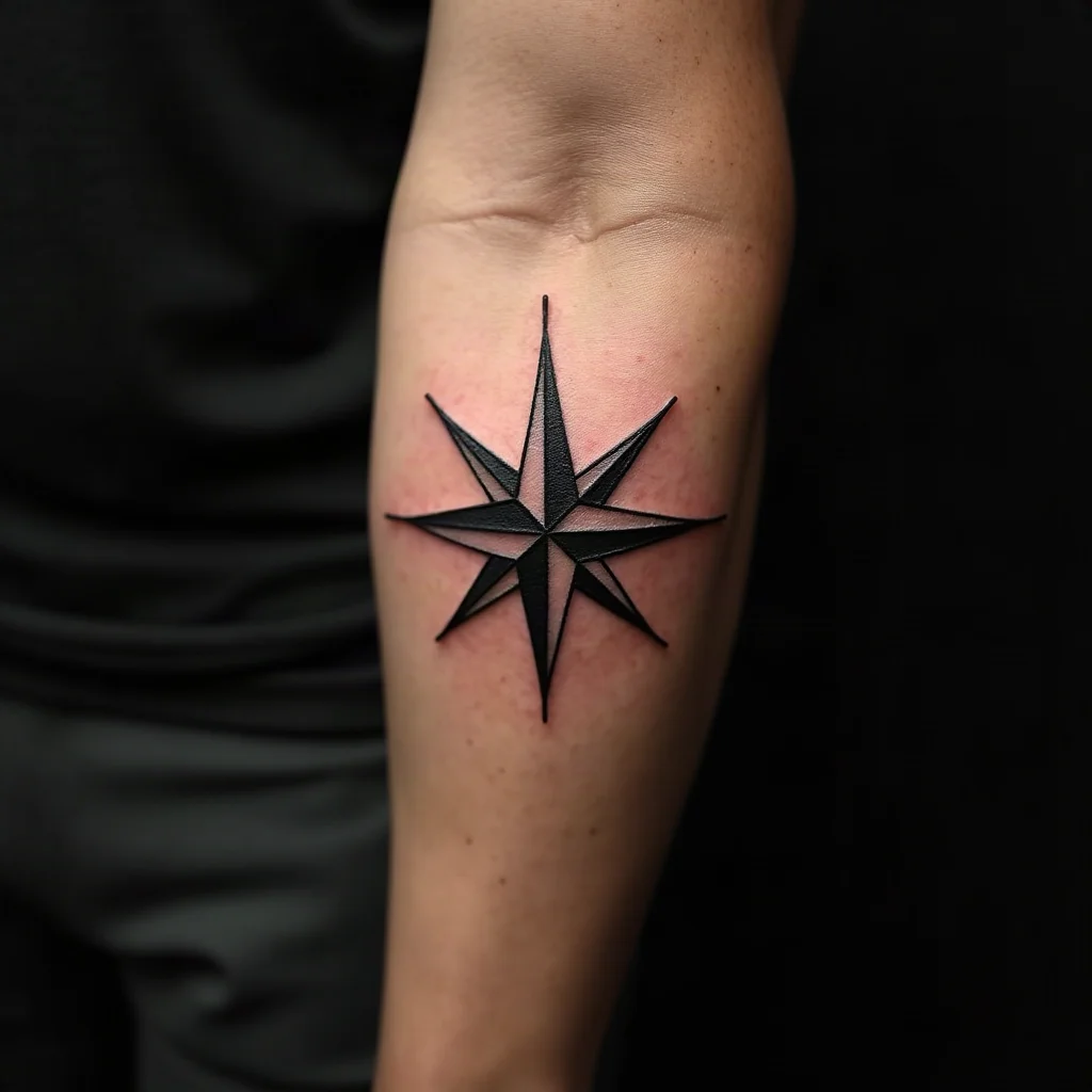 Geometric compass rose tattoo on a son's outer forearm, matching his mother's north star