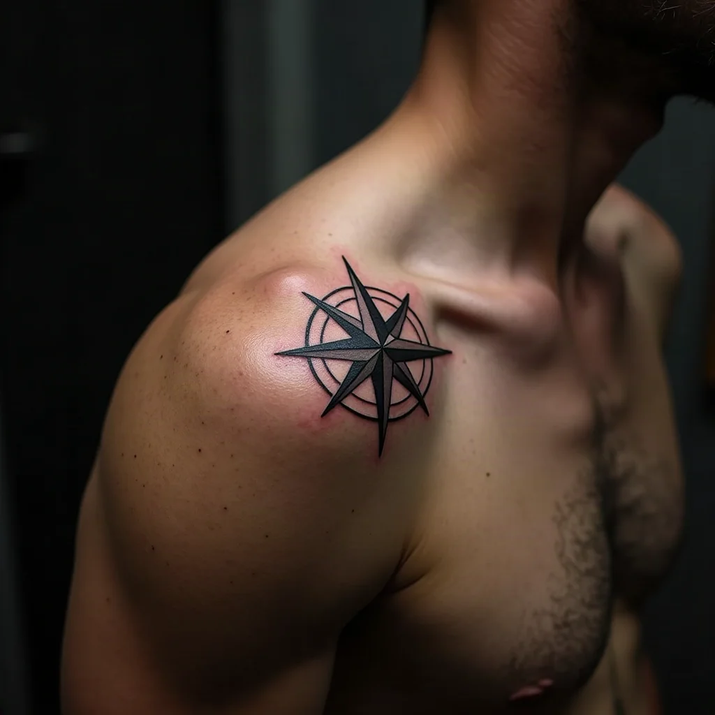 Geometric compass rose tattoo with small coordinates on a man's shoulder