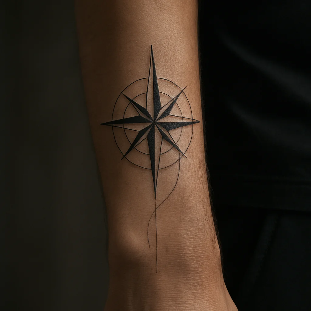 Geometric compass rose with meridian arcs tattooed on a man's outer forearm