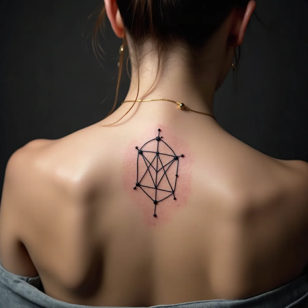 Geometric constellation tattoo of dots and thin lines across a woman's upper back