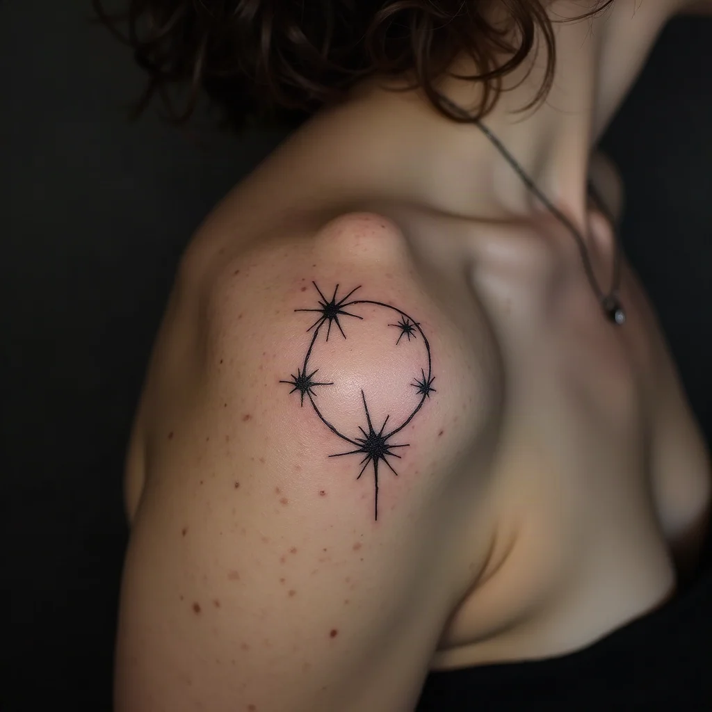 Geometric constellation tattoo on a son's shoulder blade, mirroring his mother's star sign