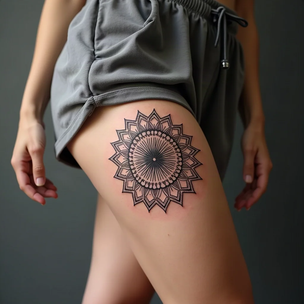 Geometric dotwork mandala tattoo centered on the front of the thigh