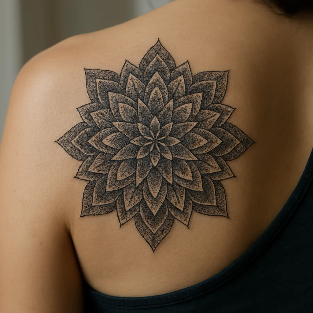 Geometric dotwork mandala tattoo stippled across the shoulder blade