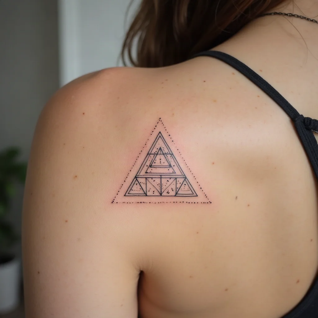 Geometric dotwork triangle with a thin halo line tattooed on the shoulder blade