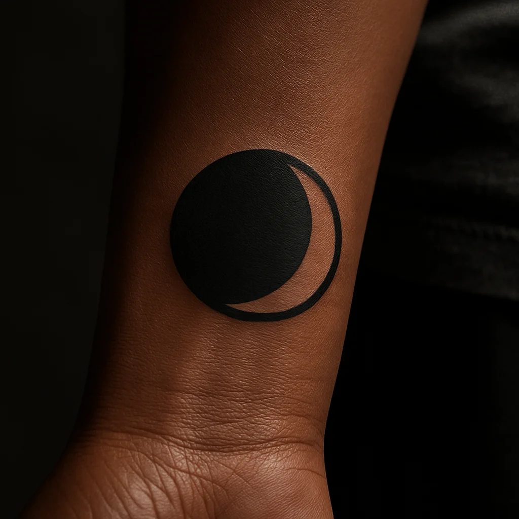Geometric eclipse tattoo with solid disc and negative crescent on the wrist