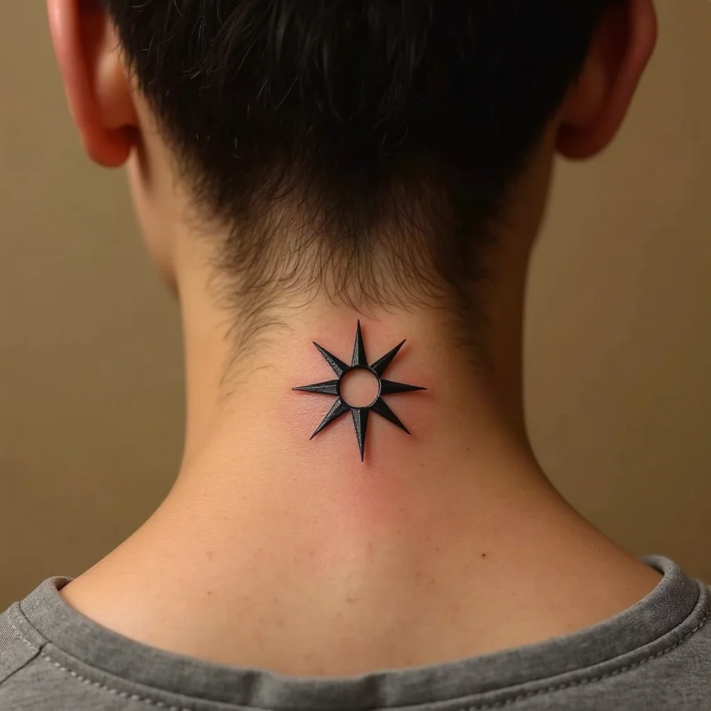 Geometric eight-point star aster tattooed at the nape of the neck