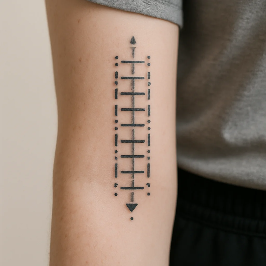 Geometric graduated dot-and-dash scale tattoo running lengthwise down an inner forearm